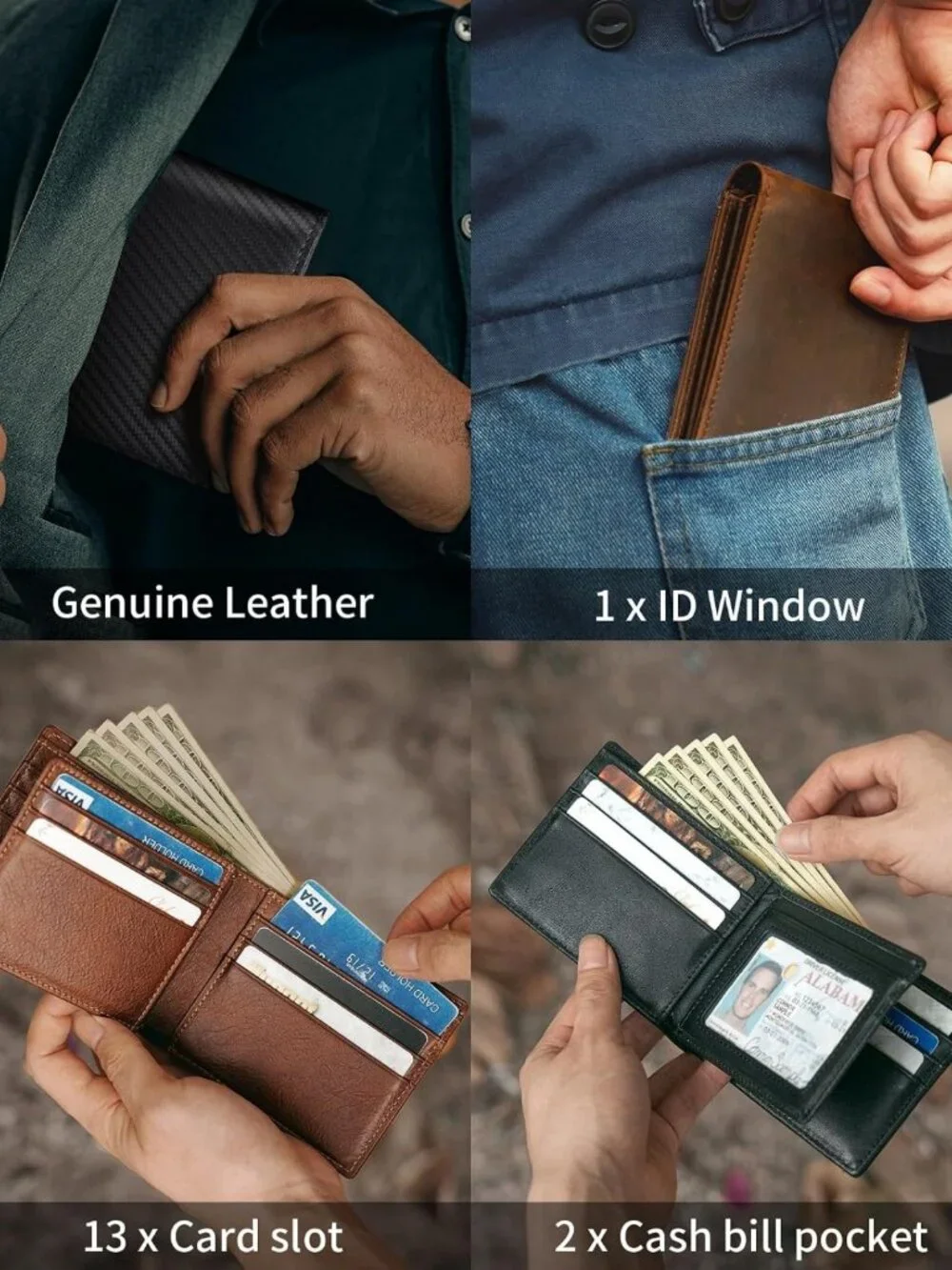 Genuine Leather Bifold Wallet for Men | RFID Blocking, 1 ID Window, 13 Card